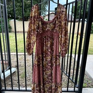 Floral Midi Dress with Long Sheer Sleeves